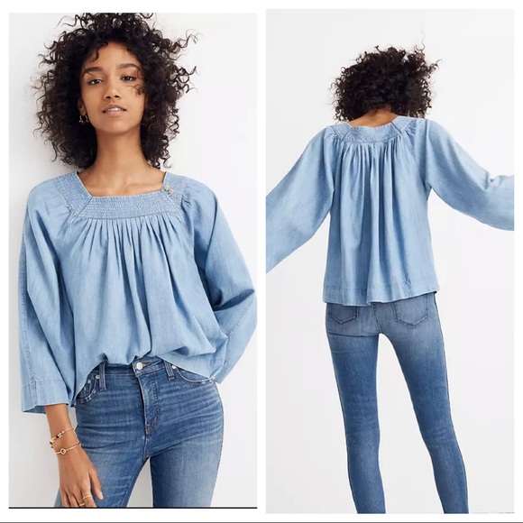 Madewell Tops - Madewell Denim Square Neck peasant Top size large